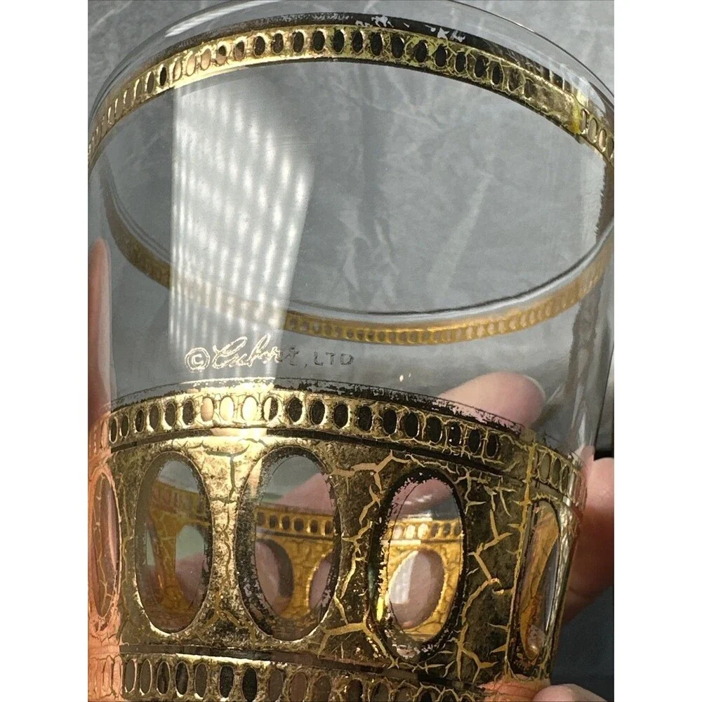 Culver LTD 22K Gold Roman Arch Lowball Glass 4” Mid Century Barware Heavy Base